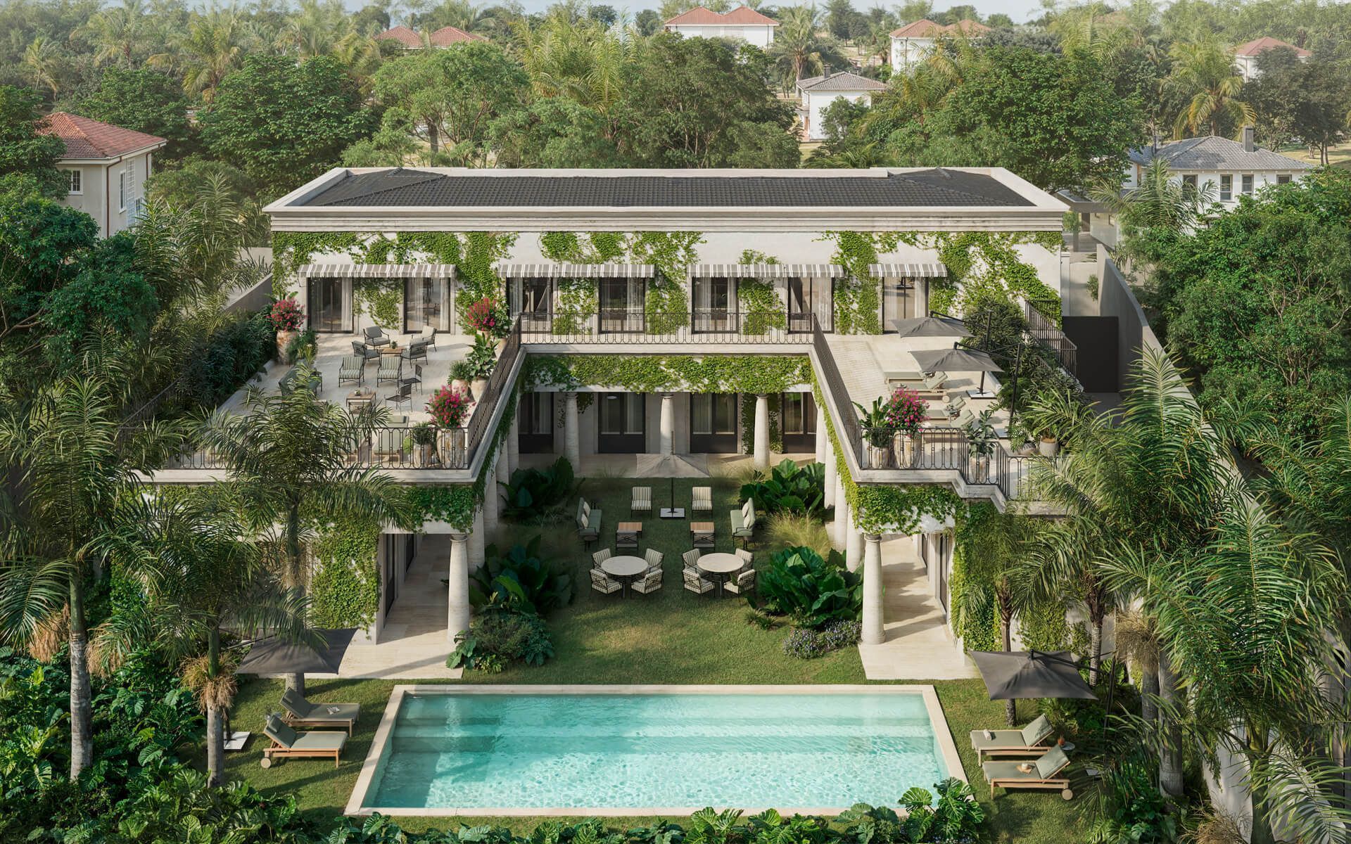 Vista superior da residência com jardim e piscina