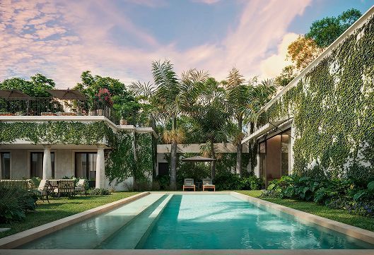 Piscina e área externa ajardinada